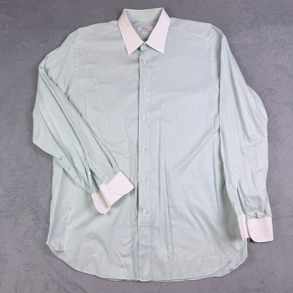 Brioni Neiman Marcus Mens 17 43 Dress Shirt Green Micro Check Contrast Collar LS